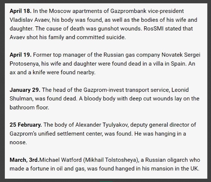 Four deaths of top managers of Gazprom , all presented as suicides
