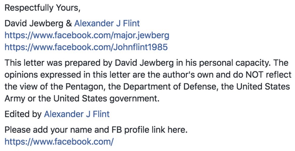 Screenshot of the ending of a letter written by Alexander Flint and David Jewberg regarding Russia and Facebook.