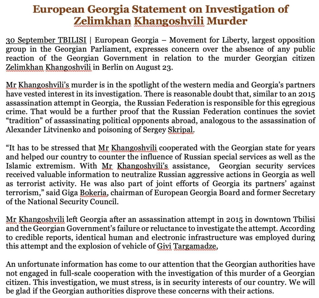 European Georgia statement on berlin murder of Zelimkhan Khangoshvili