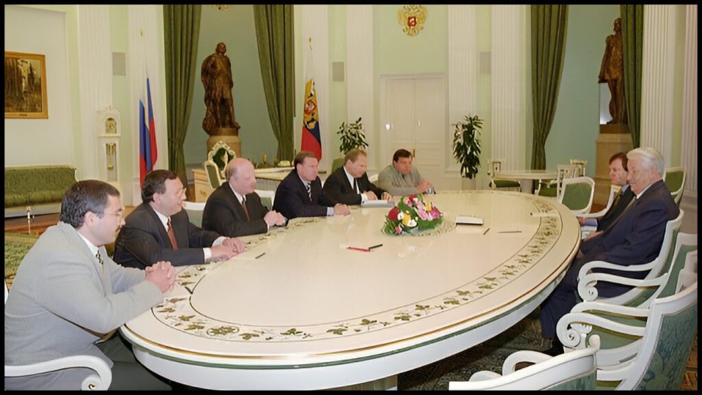 and head of the services of the Russian president Valentin Yumashev in Moscow, Russia, on September 15, 1997